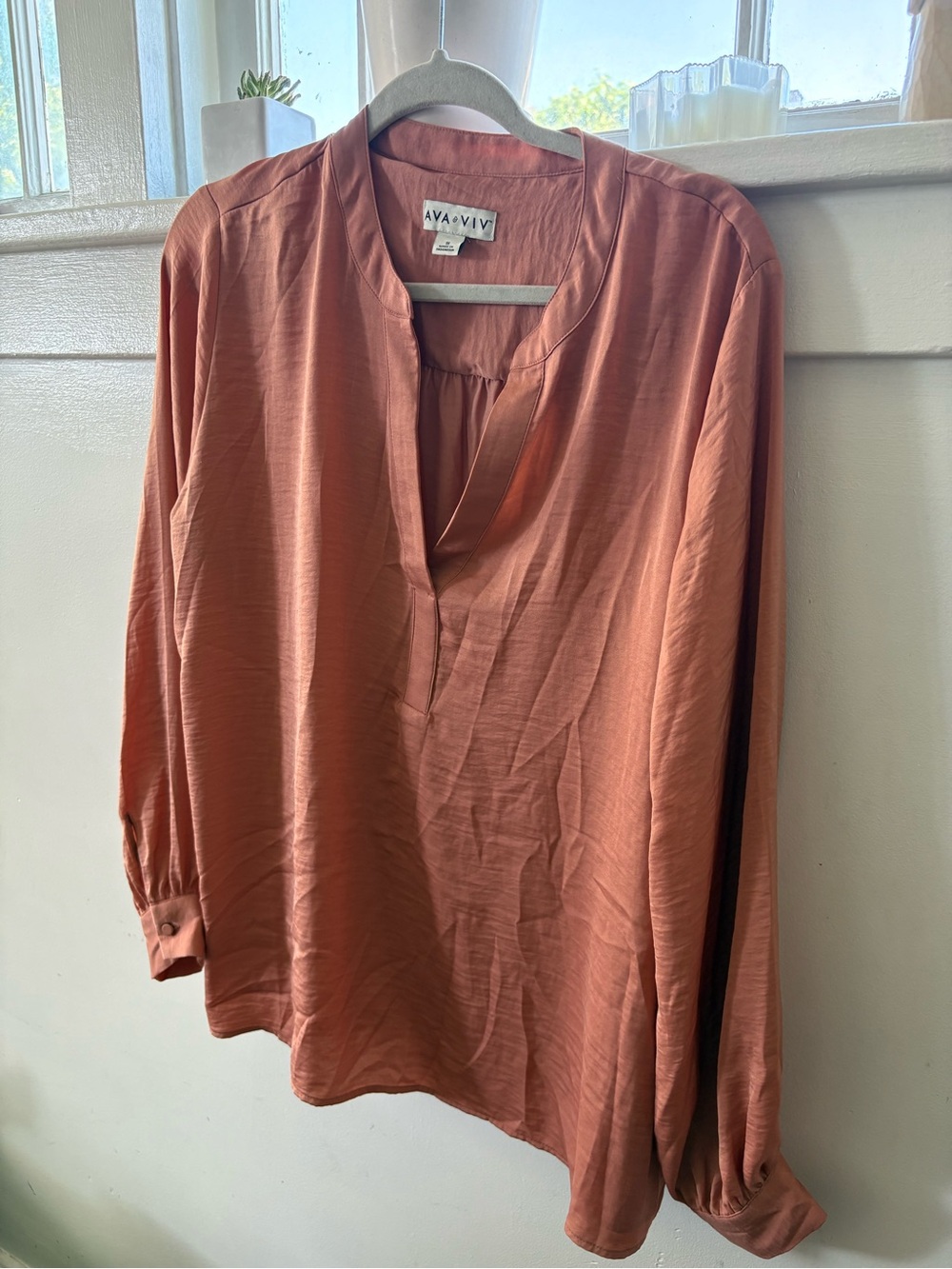 Ava & Viv Rust Pink Split-Neck Long-Sleeve Blouse